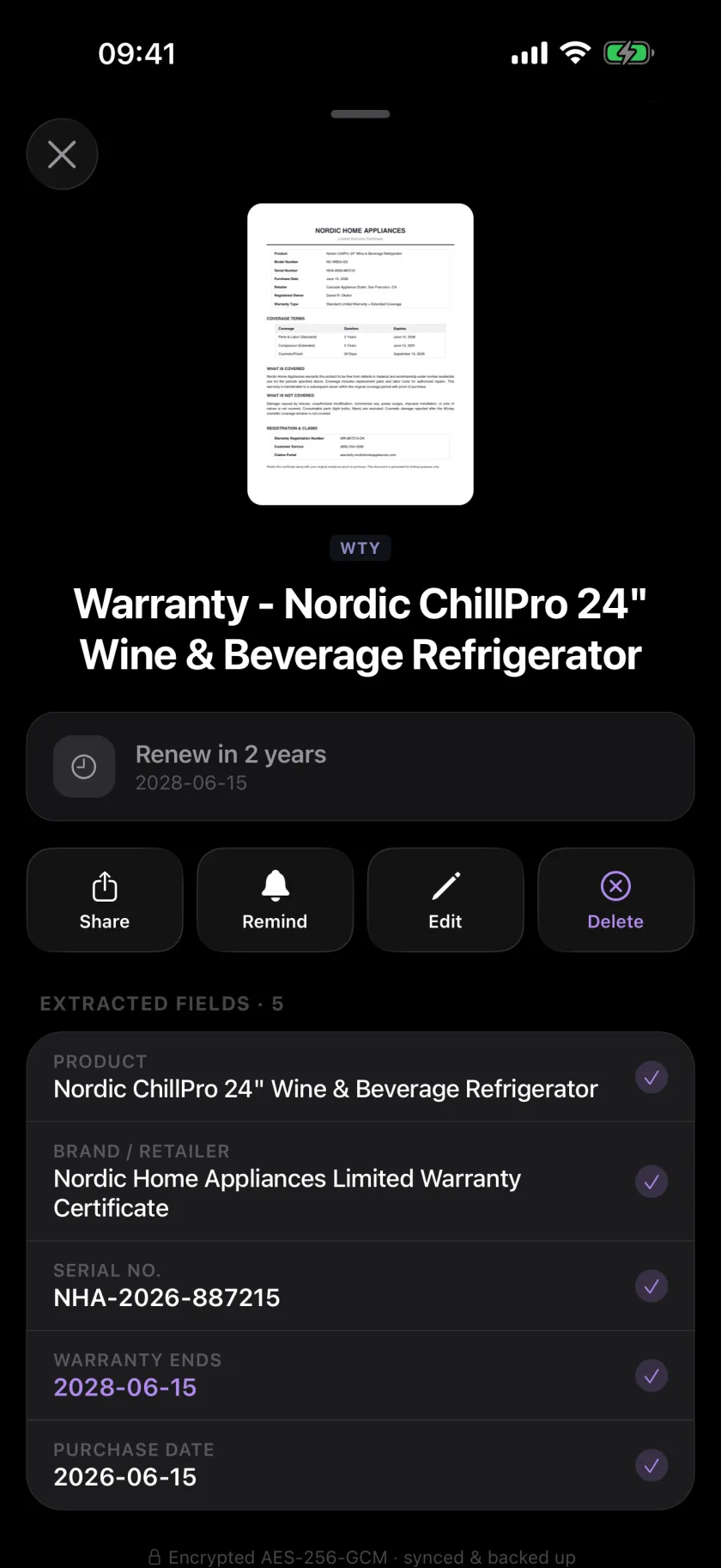 A warranty certificate open in Filum, with five extracted fields listed beneath it: product, brand and retailer, serial number, warranty end date, and purchase date.