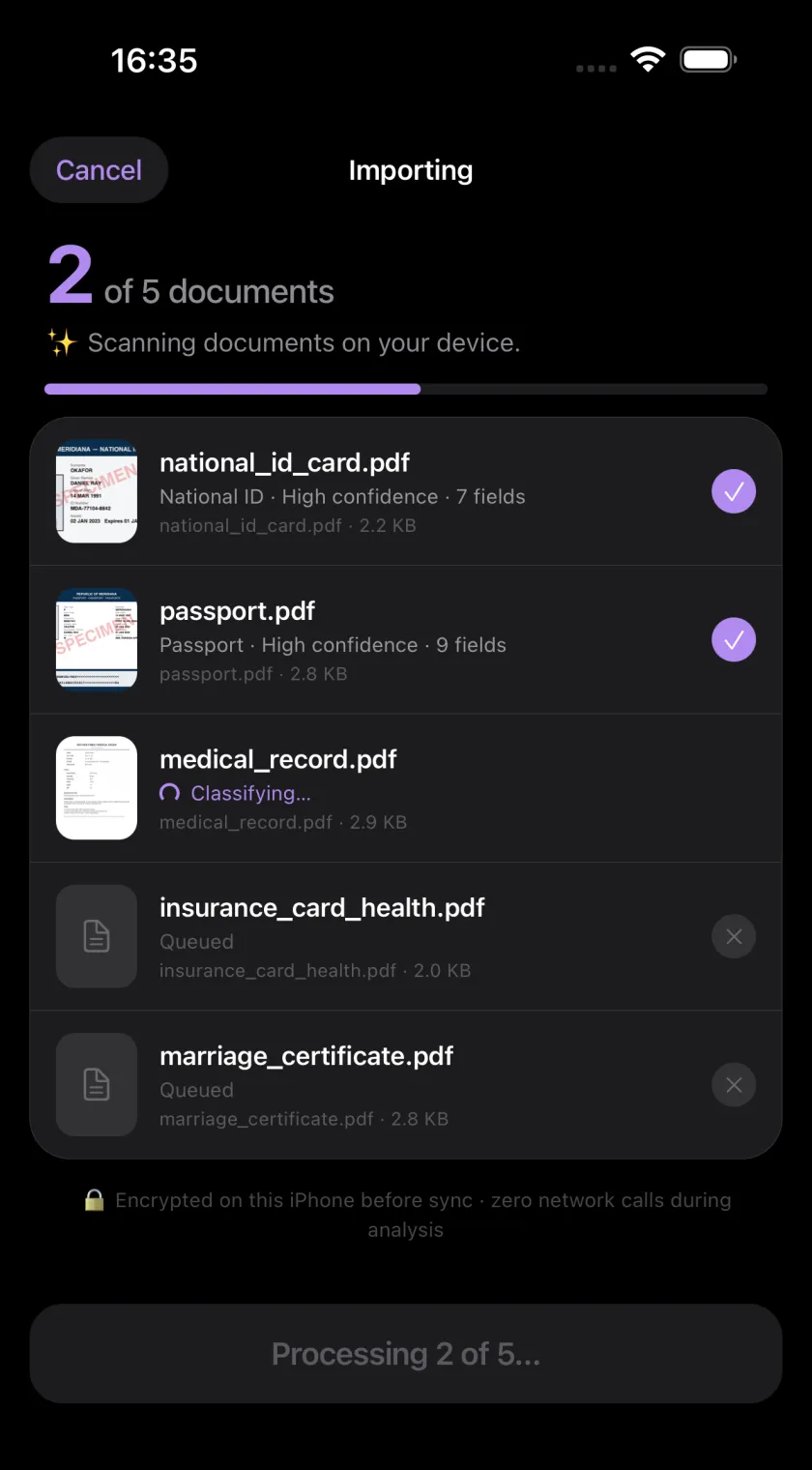 Filum importing five documents: national_id_card.pdf and passport.pdf already classified with high confidence, medical_record.pdf mid-classification, two more queued.