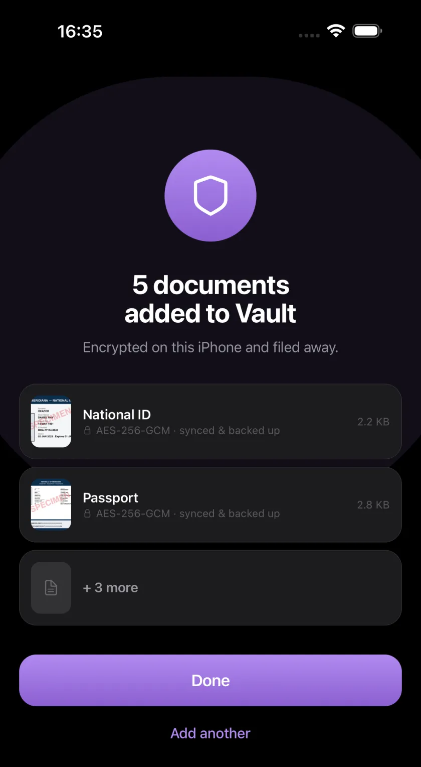Filum confirming “5 documents added to Vault — Encrypted on this iPhone and filed away”, each document listed with AES-256-GCM · synced & backed up and its ciphertext size.